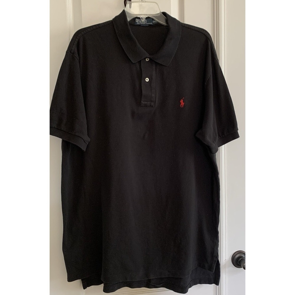 VINTAGE Ralph Lauren Polo Shirt Mens XXL Black Short Sleeve Cotton‎ Red Pony